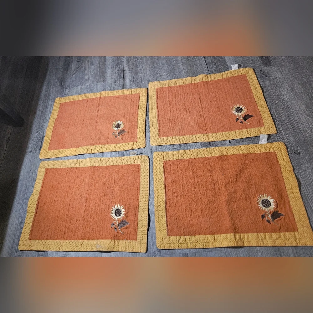 1970s Sunflower Embroidered Orange Cotton Indian Placemats
